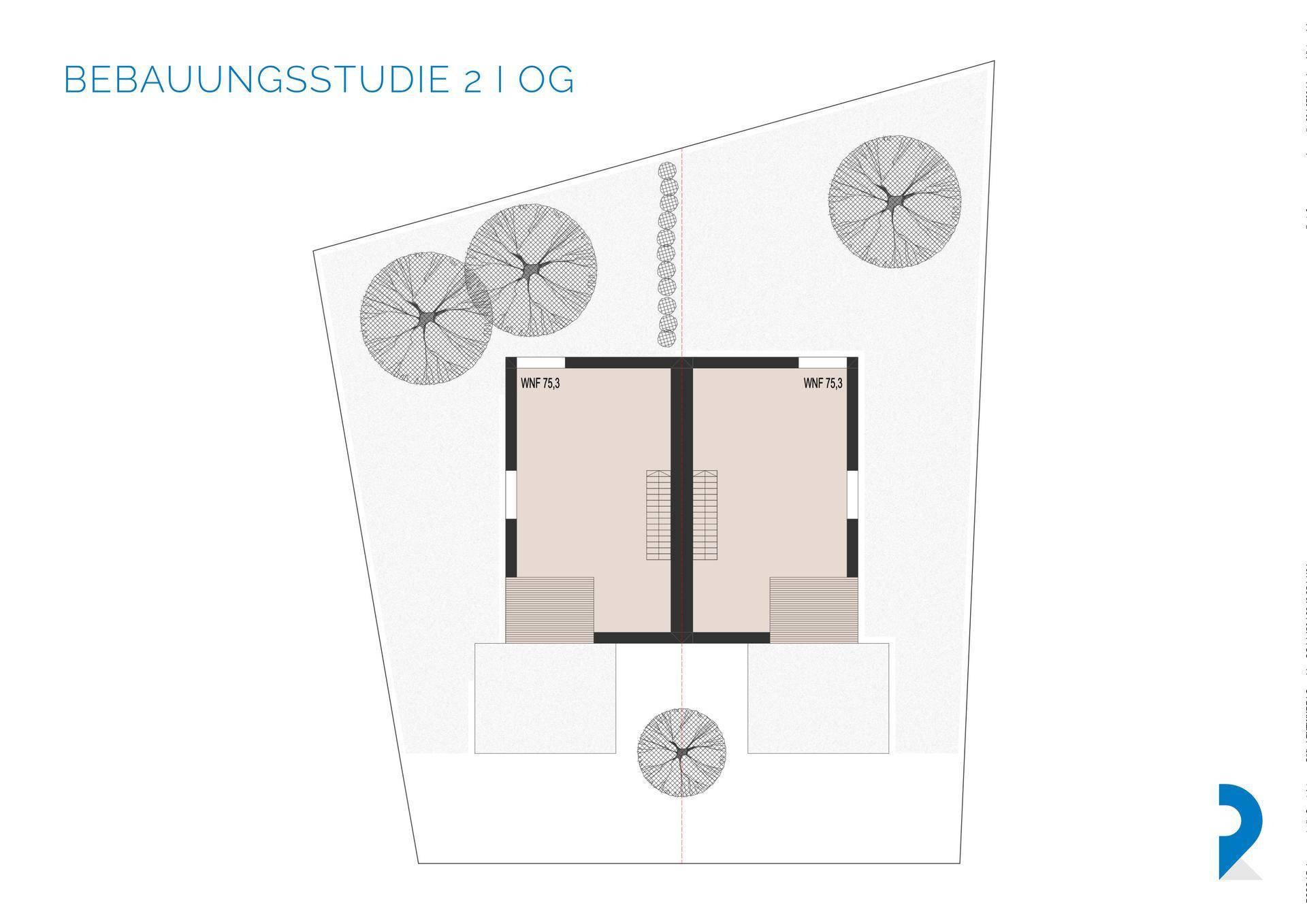 Grundrissstudie für das Obergeschoss eines Doppelhauses mit Balkonen und Treppenhaus.