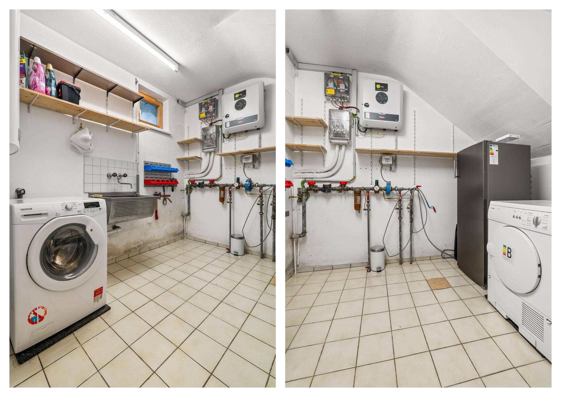 Praktischer Hauswirtschaftsraum mit Waschmaschine, Trockner und Heizungsanlagen.