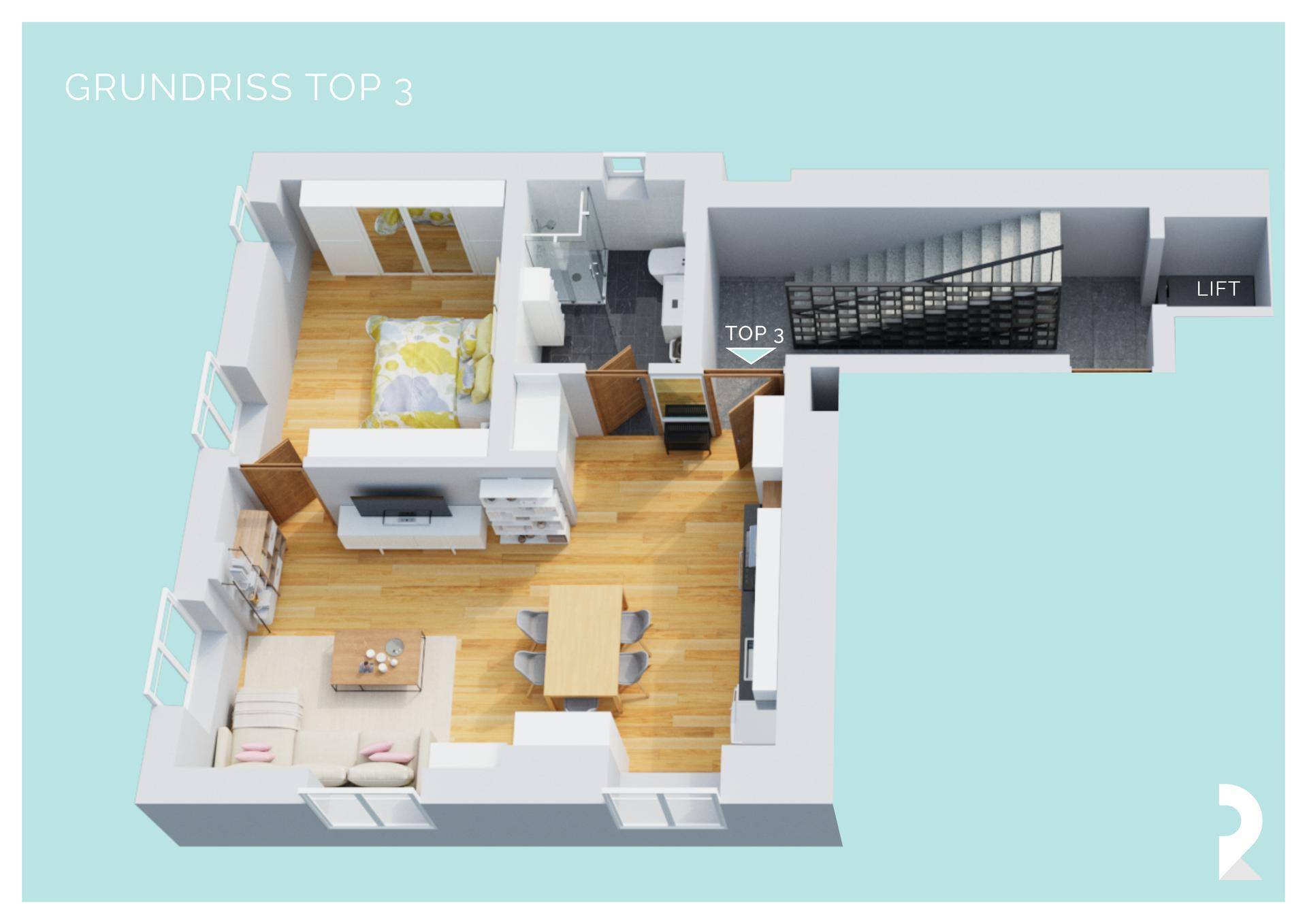 3D-Grundriss der Wohnung Top 3 mit offenem Wohnbereich, Schlafzimmer, Bad und Zugang zum Lift.