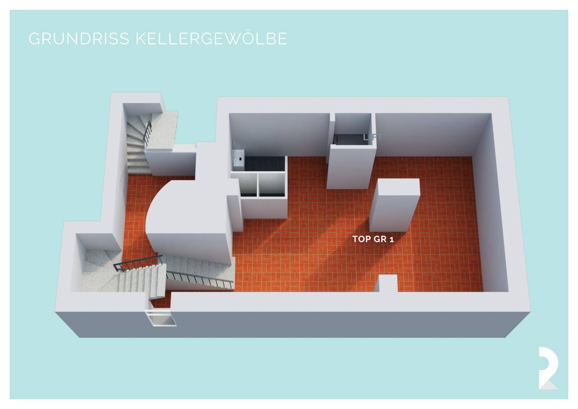 3D-Grundriss des Kellergewölbes mit Treppen und verschiedenen Räumen, funktionale Aufteilung.