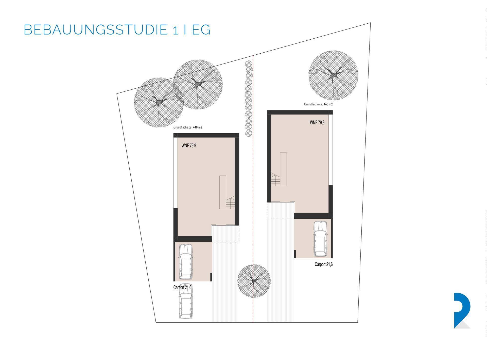 Grundrissstudie für das Erdgeschoss eines Doppelhauses mit Carports und Gartenflächen.