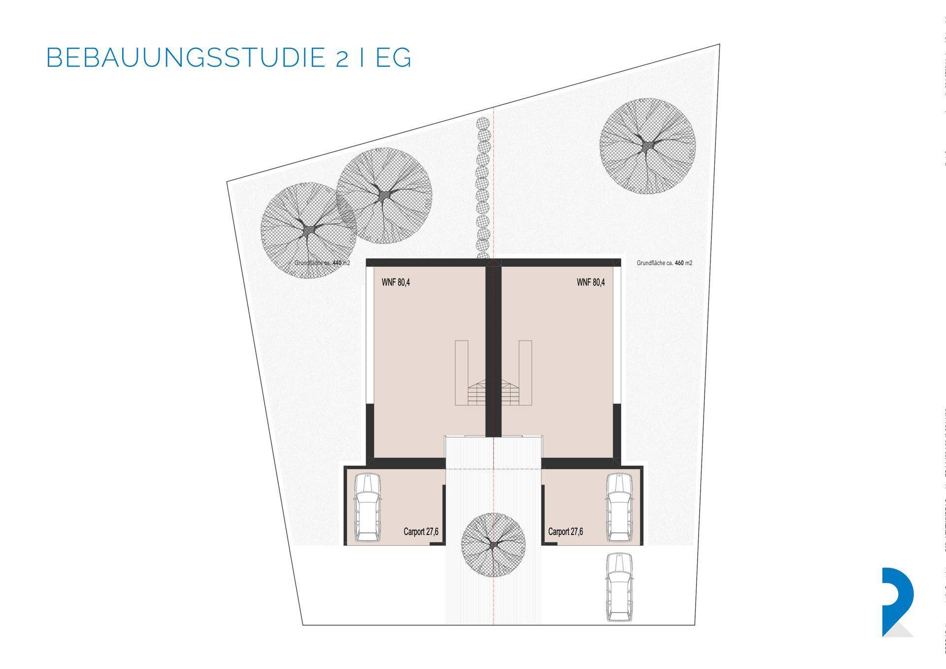 Grundrissstudie für das Erdgeschoss eines Doppelhauses mit zentralem Eingang und Carports.