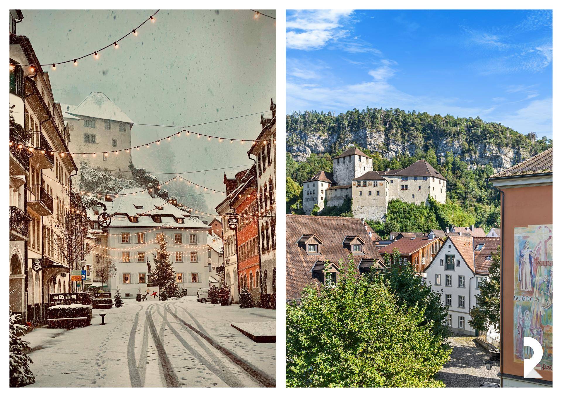 Zwei Außenansichten der Stadt: eine winterliche Gasse und eine sommerliche Szene mit Burgblick.