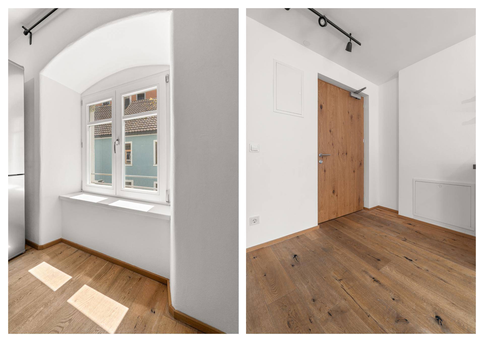 Collage zeigt ein gewölbtes Fenster mit Außenblick und eine moderne Holztür im Innenbereich.
