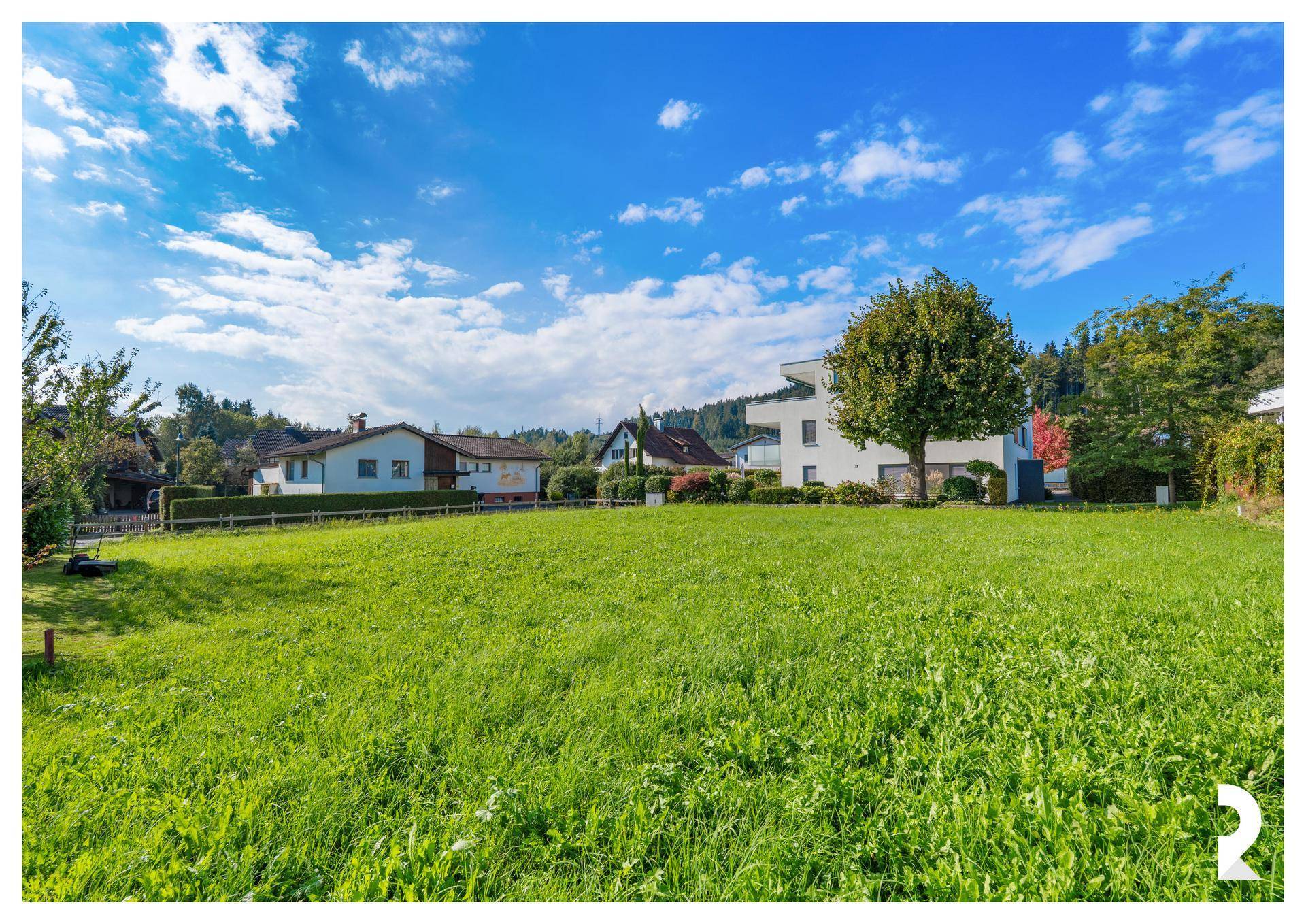 Weitläufige Grünfläche des Baugrundstücks unter blauem Himmel mit einem Baum im Hintergrund.