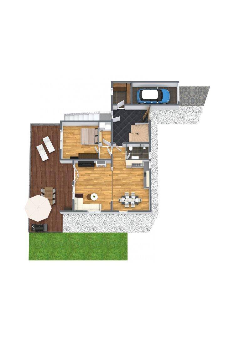 Grundriss des Erdgeschosses mit offener Küche, Wohnbereich, Terrasse und Garage.