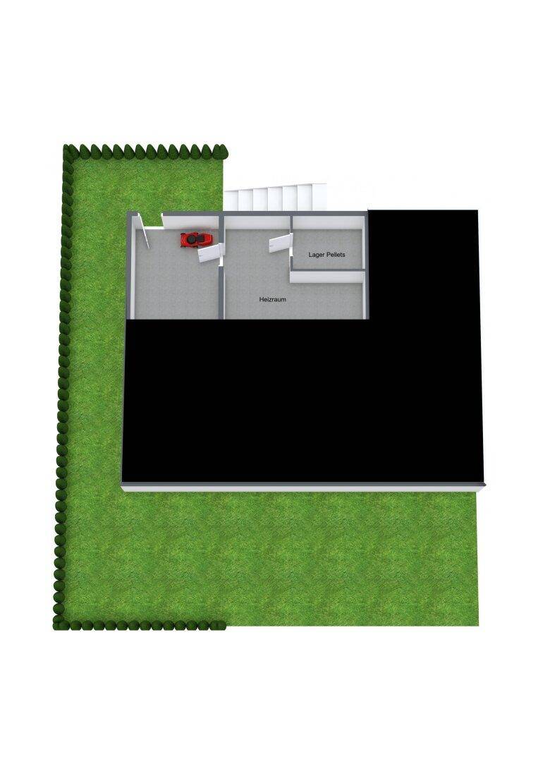Grundriss des Untergeschosses mit Heizraum, Lager und Zugang zum Garten.