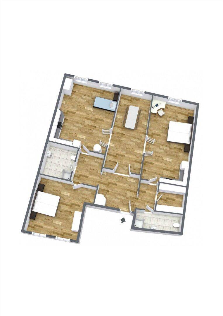 Übersichtlicher Grundriss einer Wohnung mit mehreren Zimmern und Bädern.