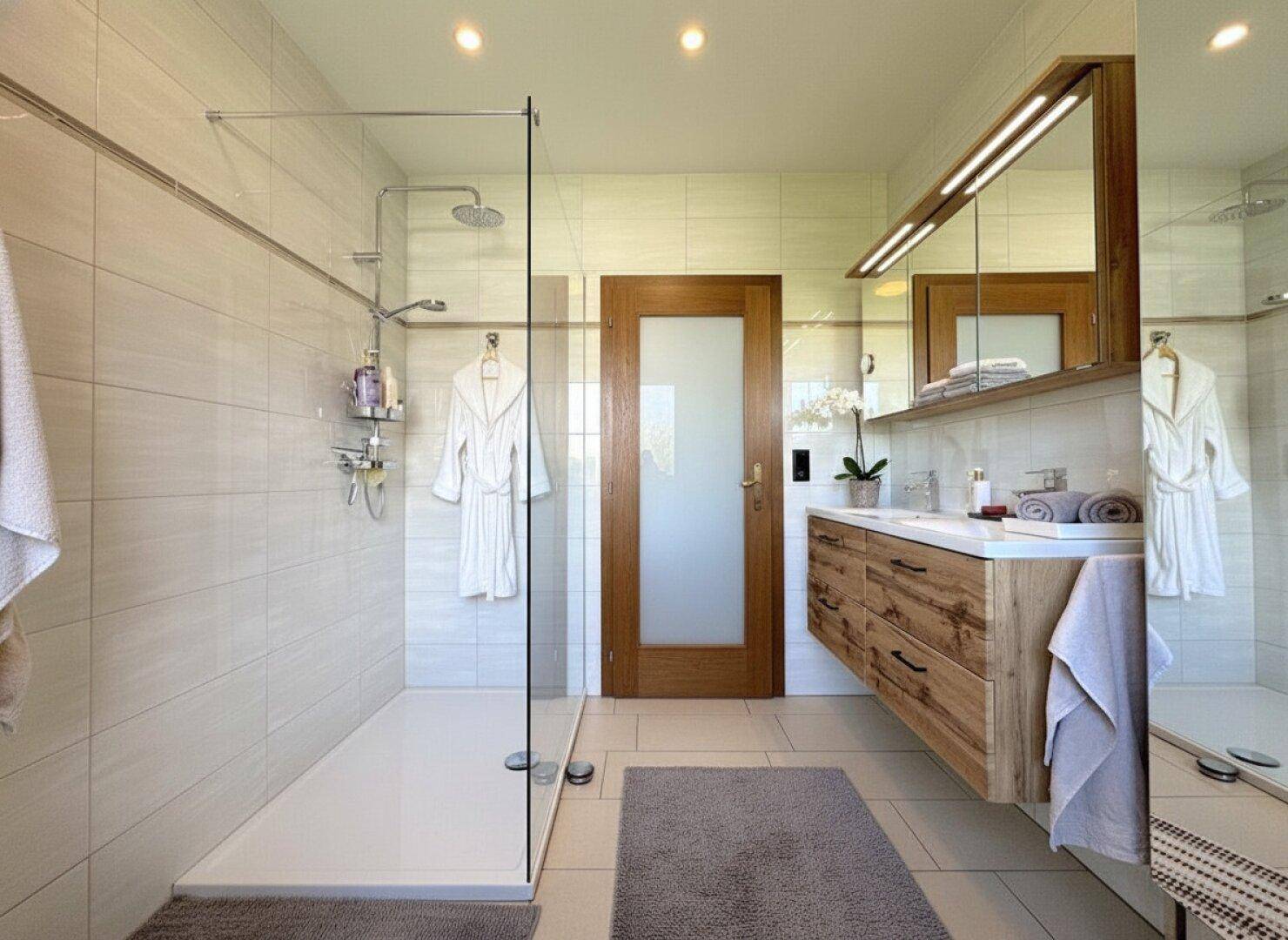 Modernes Badezimmer mit ebenerdiger Dusche, Doppelwaschbecken und hellen Fliesen.