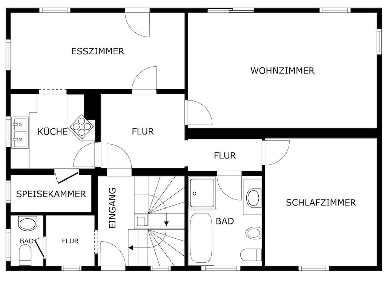 Grundriss des Erdgeschosses mit Wohnzimmer, Esszimmer, Küche und Schlafzimmer.