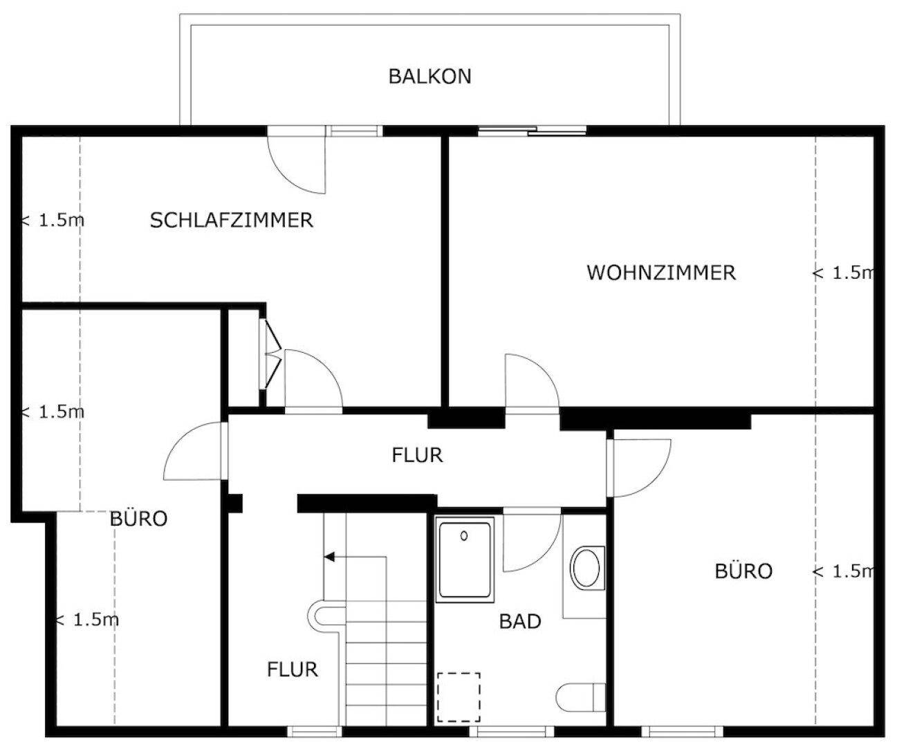Grundriss des Obergeschosses mit Schlafzimmern, Büros, Bad und einem Balkon.