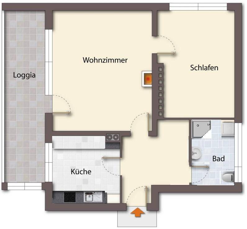 Grundriss einer Wohnung mit Wohnzimmer, Schlafzimmer, Küche, Bad und Loggia.