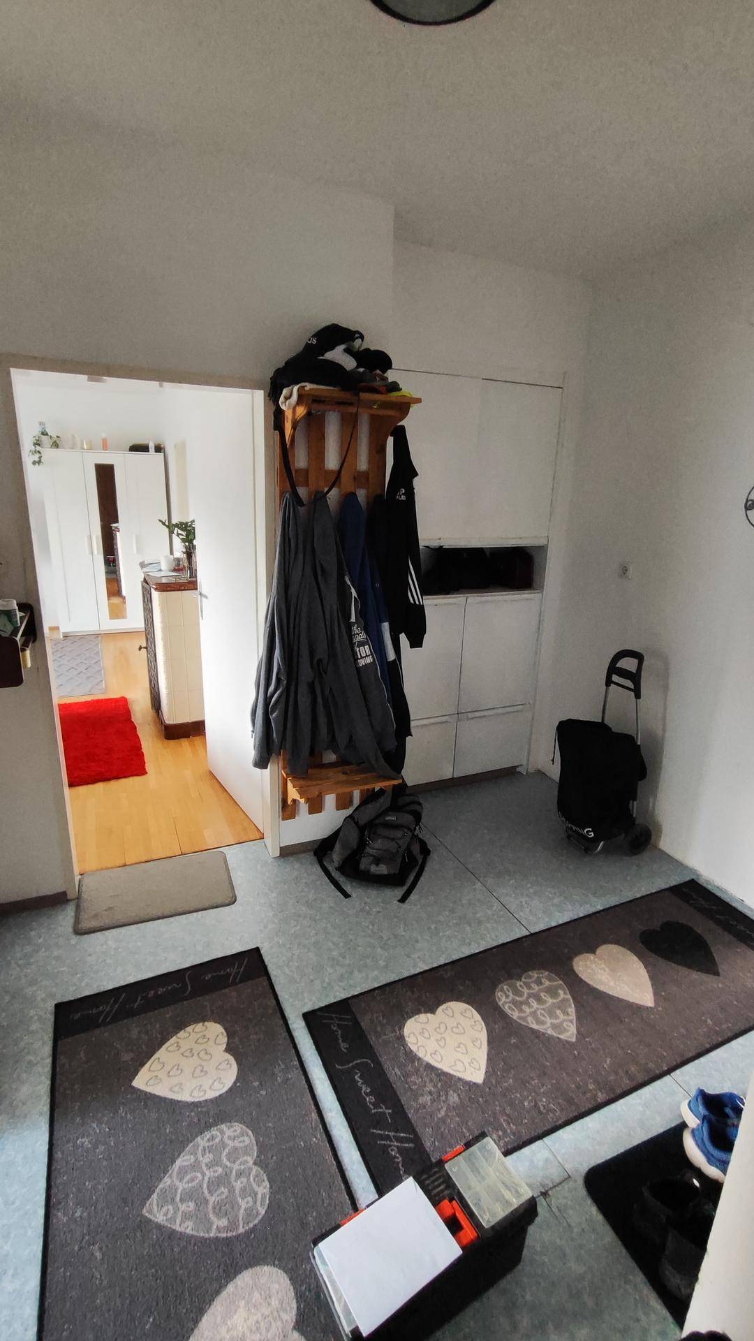 Flur mit Garderobe, Teppichen und Zugang zu weiteren Räumen.