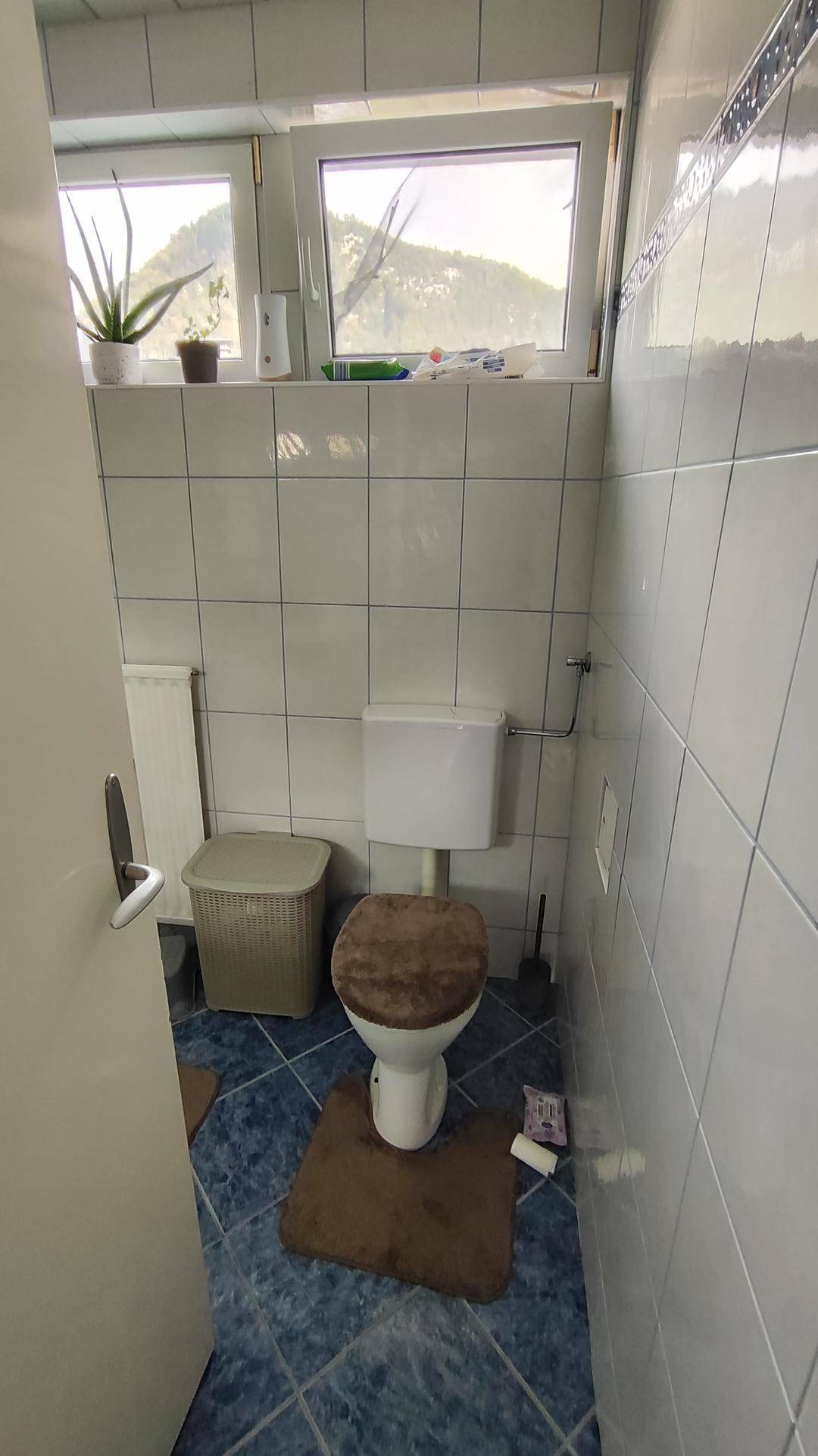 Kleines WC mit Fliesenboden, Fenster und einfacher Ausstattung.