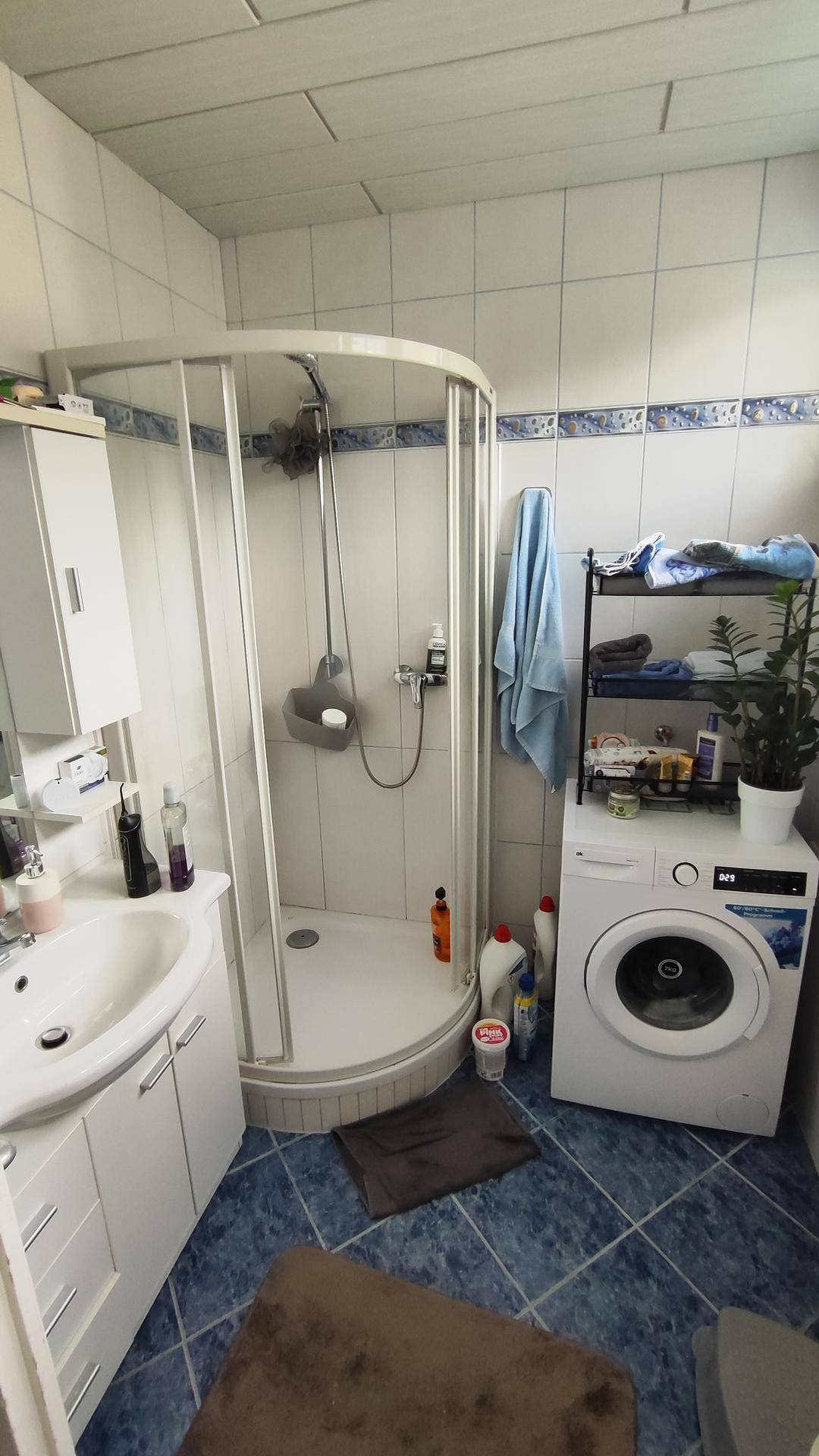Badezimmer mit Duschkabine, Waschbecken und Waschmaschine.