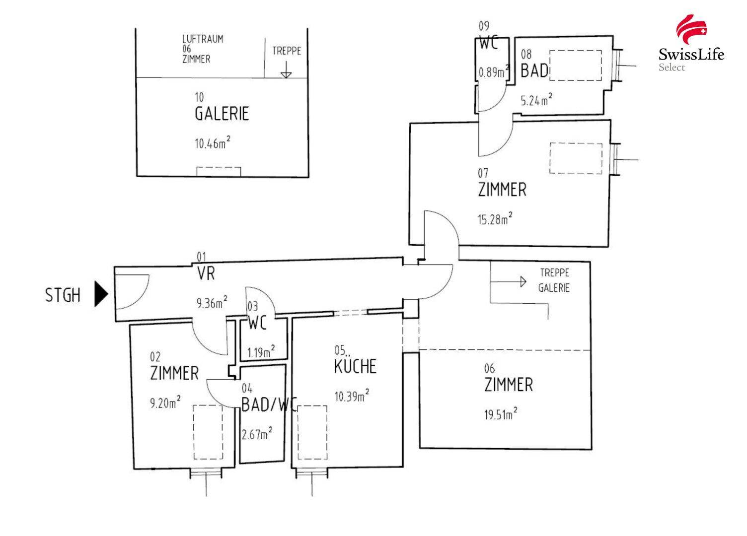 Grundrissplan einer Maisonette-Wohnung mit mehreren Zimmern, zwei Bädern und einer Galerie.