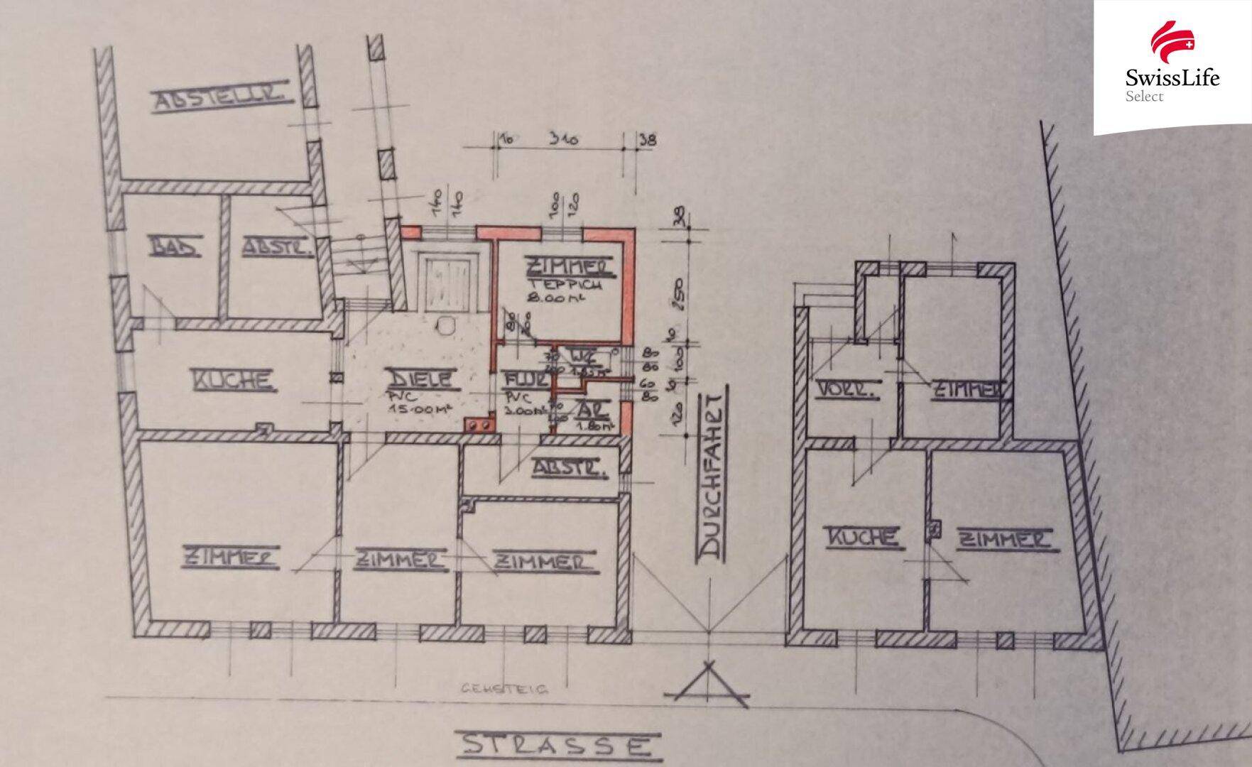 Detaillierter Grundrissplan eines Gebäudes mit mehreren Zimmern, Küche, Bad und WC.