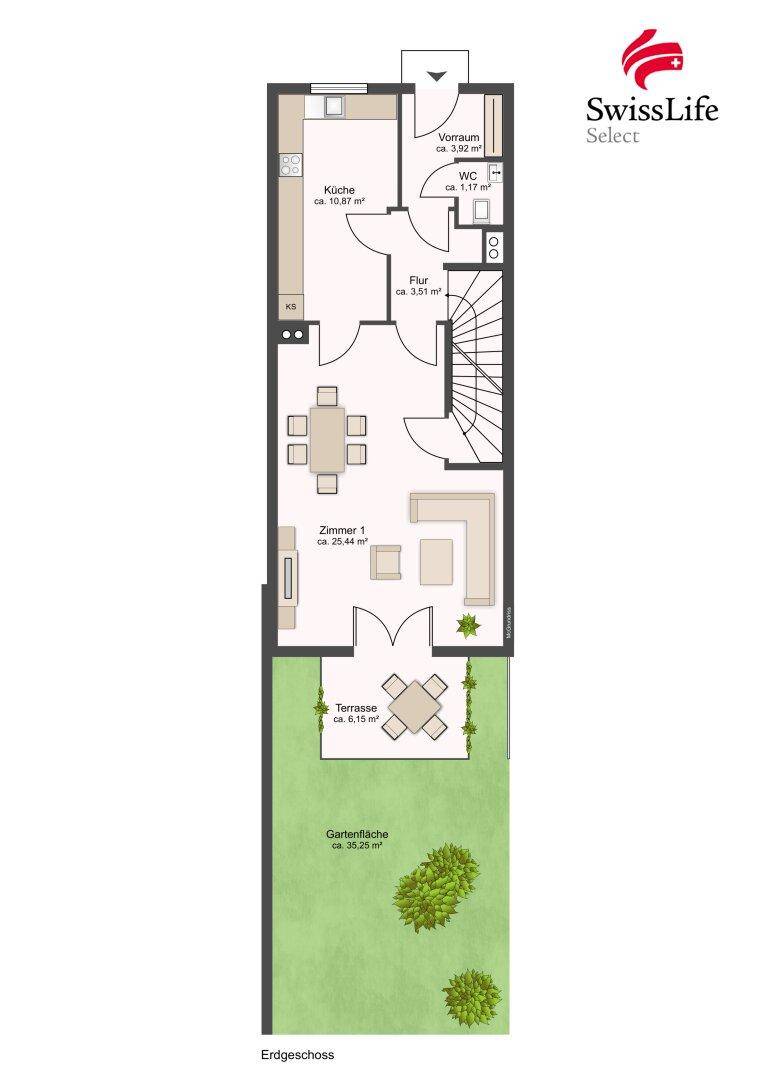 Grundriss des Erdgeschosses mit offener Küche, Wohnbereich und Gartenzugang.