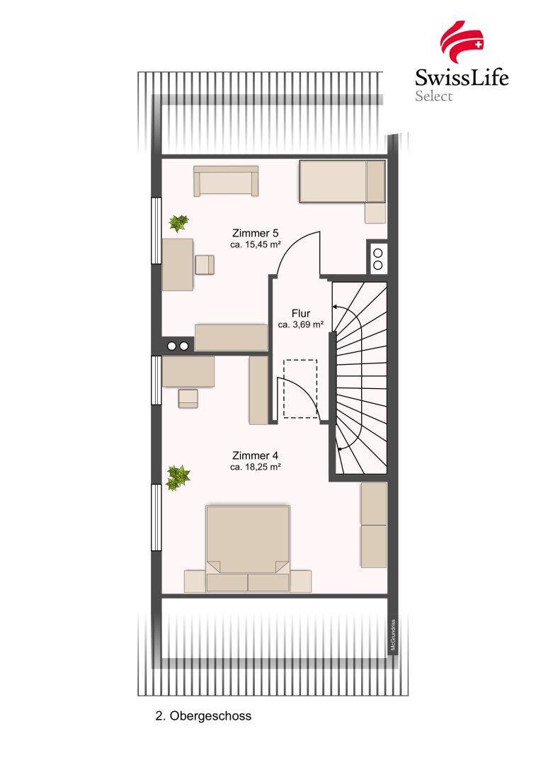 Grundriss des 2. Obergeschosses mit zwei weiteren Zimmern.