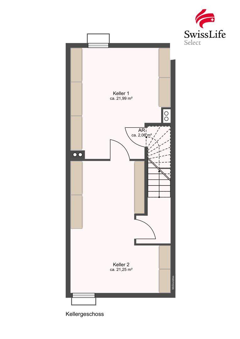 Grundriss des Kellergeschosses mit zwei Kellerräumen und Abstellfläche.