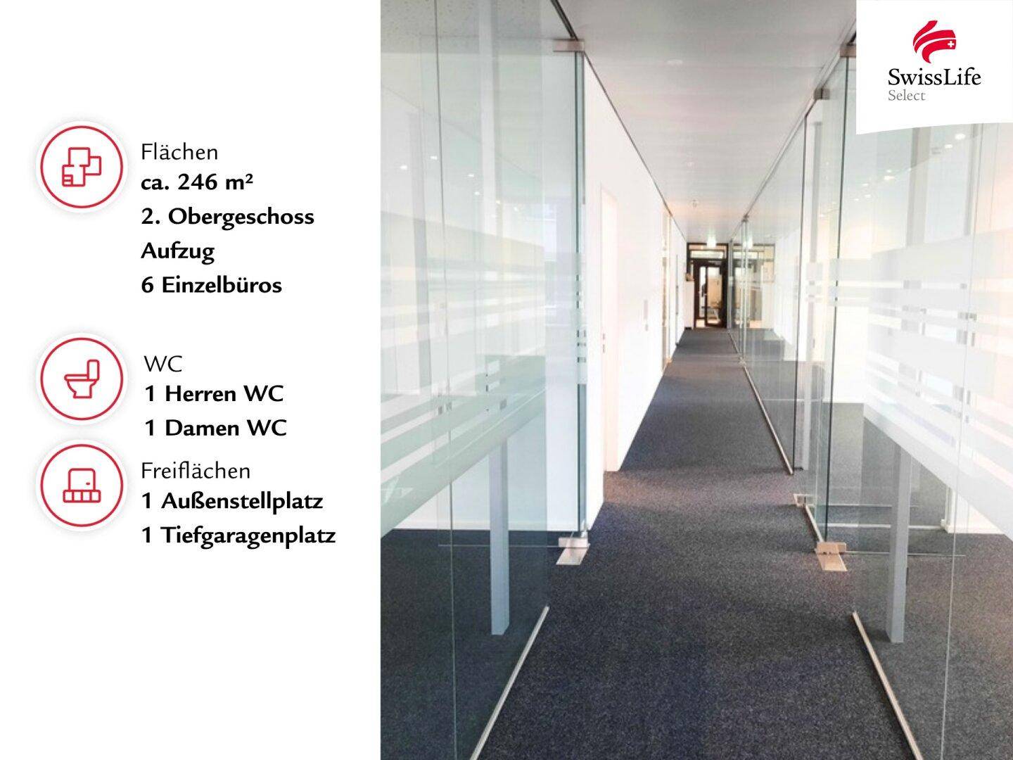 Moderner Büroflur mit Glaswänden, Teppichboden und Informationen zu den Flächen und Ausstattungsmerkmalen.