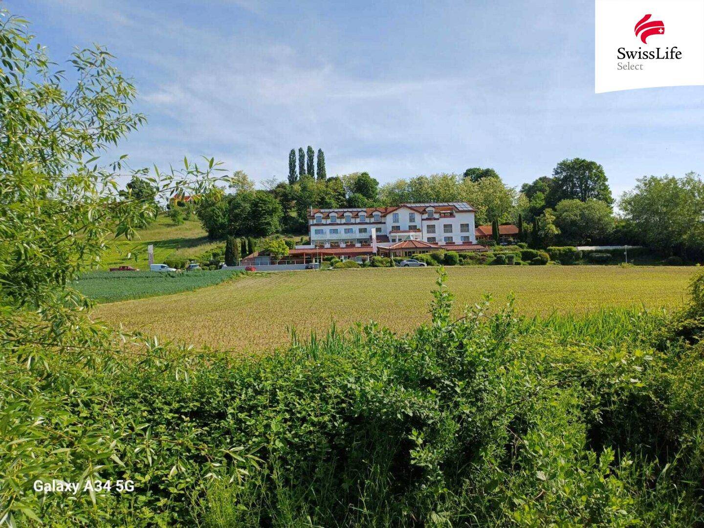 Grüne Büsche und ein Feld im Vordergrund mit einem großen Gebäude und Bäumen auf einem Hügel im Hintergrund.