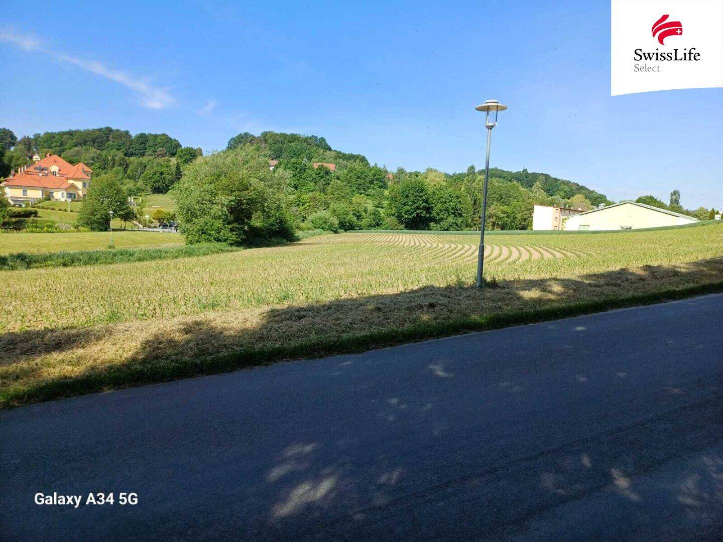 Asphaltierte Straße im Vordergrund, die zu einem Feld mit einer Straßenlaterne und bewaldeten Hügeln führt.