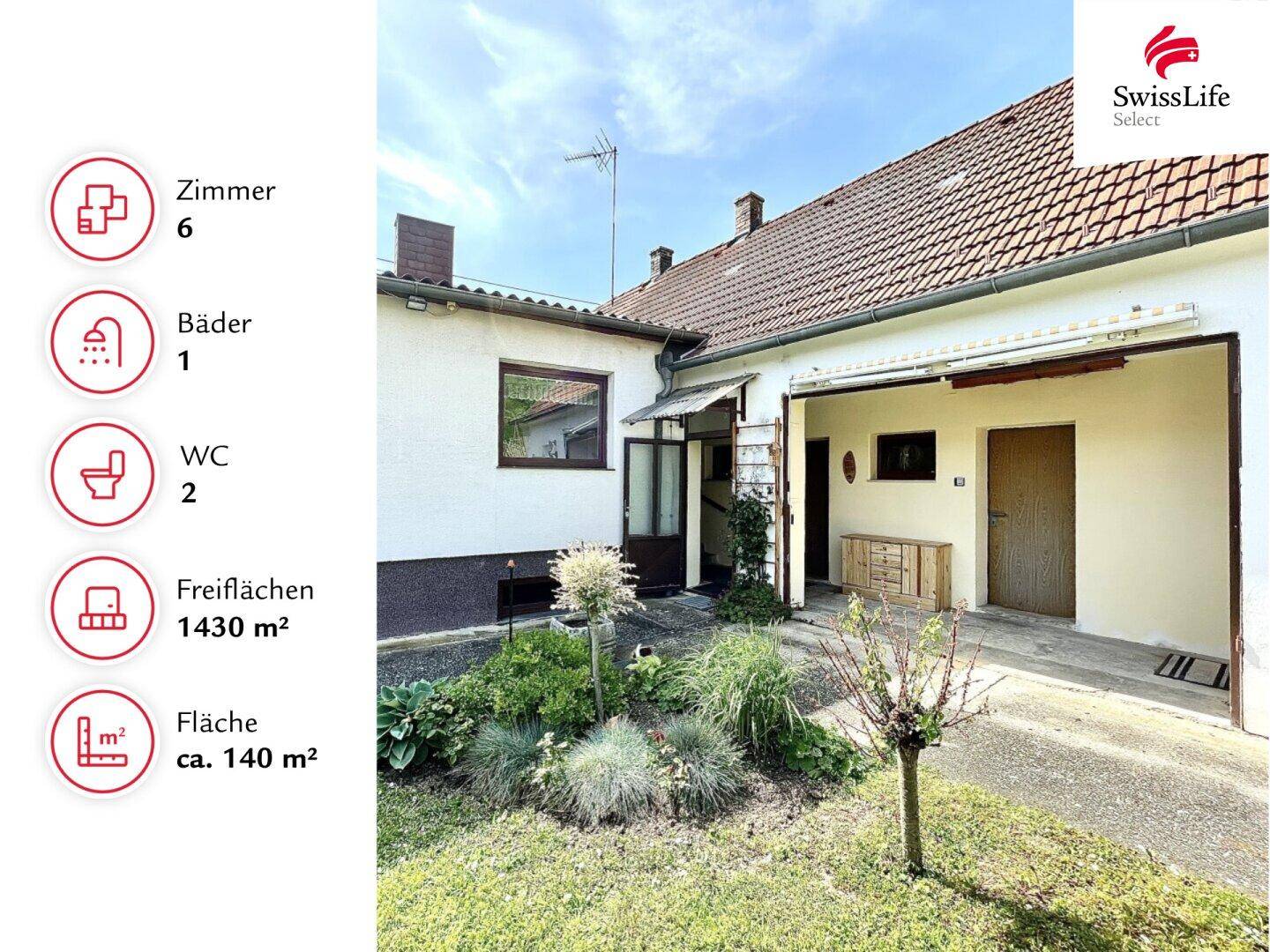 Rückansicht des Hauses mit kleinem Gartenbereich und überdachtem Stellplatz.