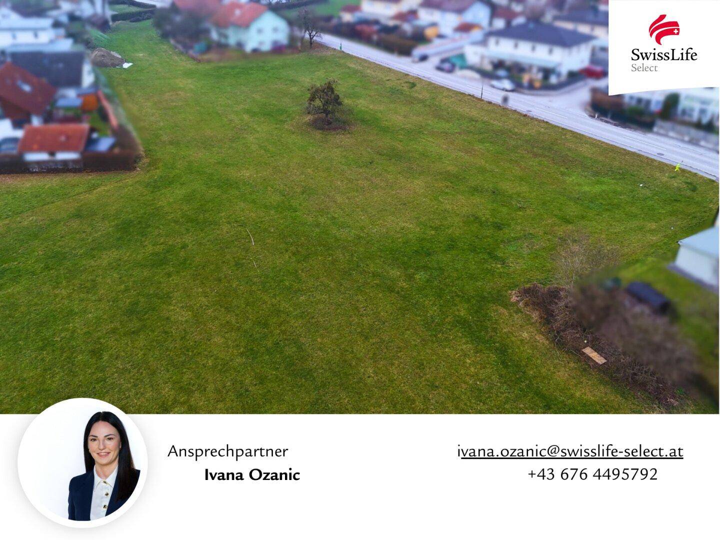 Luftaufnahme einer großen Grünfläche mit angrenzender Straße und Wohnbebauung im Hintergrund.