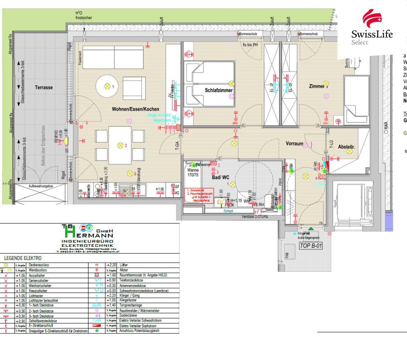 Grundriss zeigt eine Wohnung mit offenem Wohnbereich, Schlafzimmer und großer Terrasse.