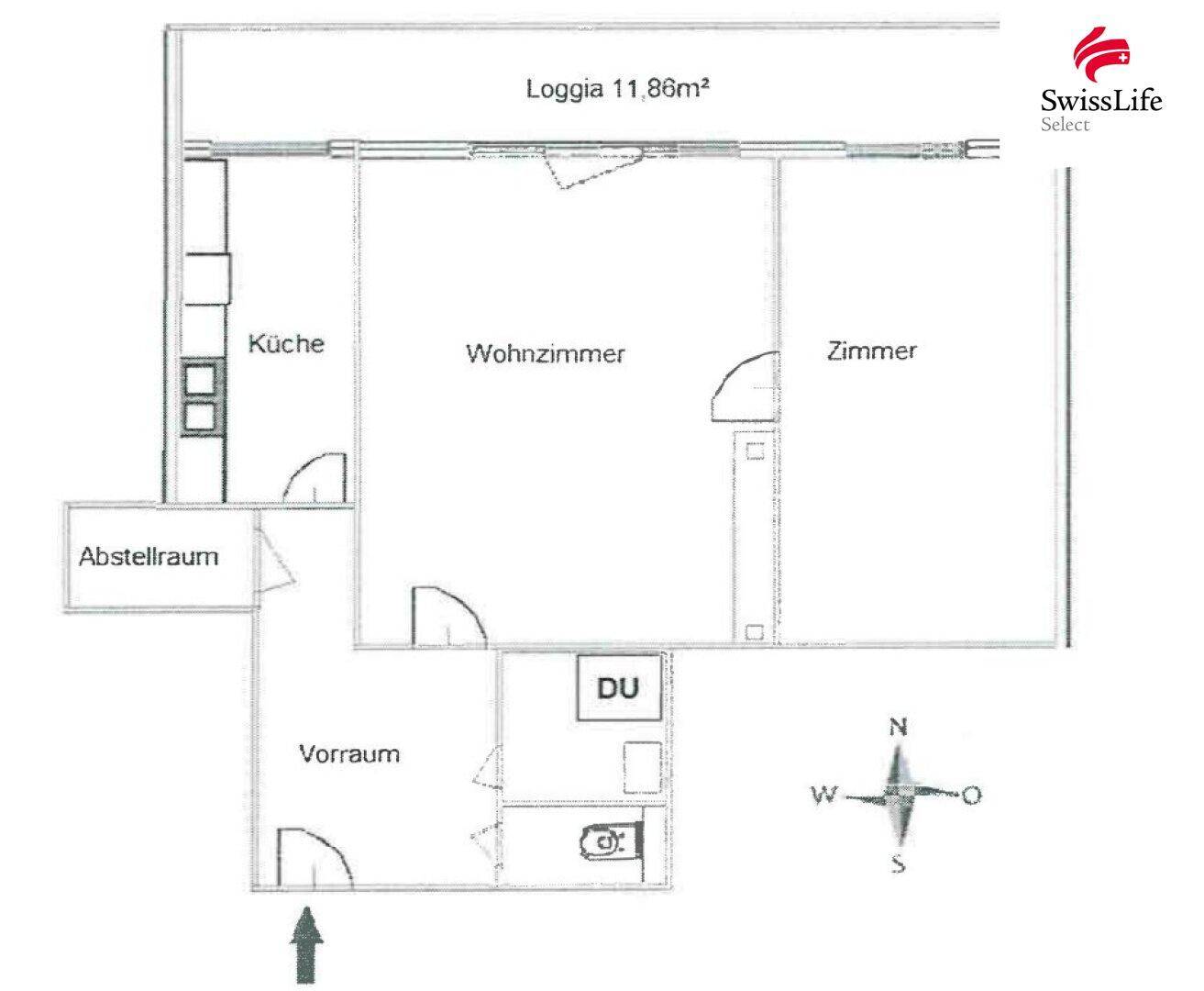 Grundriss der Wohnung mit Loggia, Küche, Wohnzimmer und einem weiteren Zimmer.