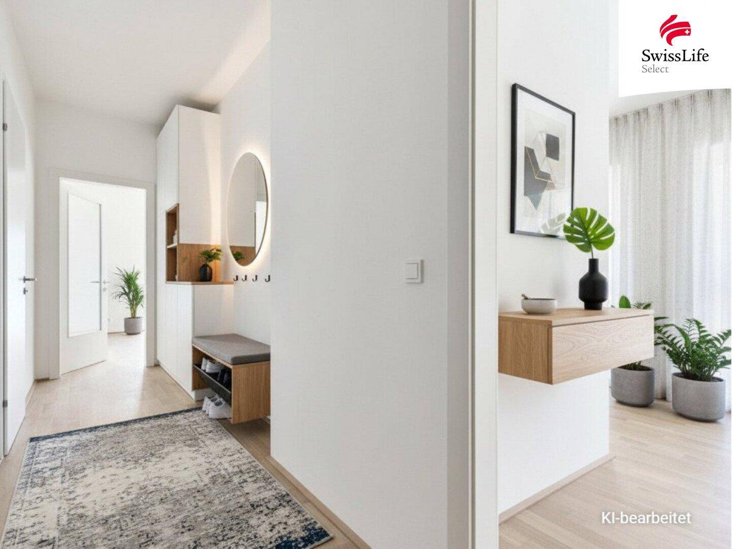 Heller Eingangsbereich mit modernem Design, Spiegel und Holzmöbeln.