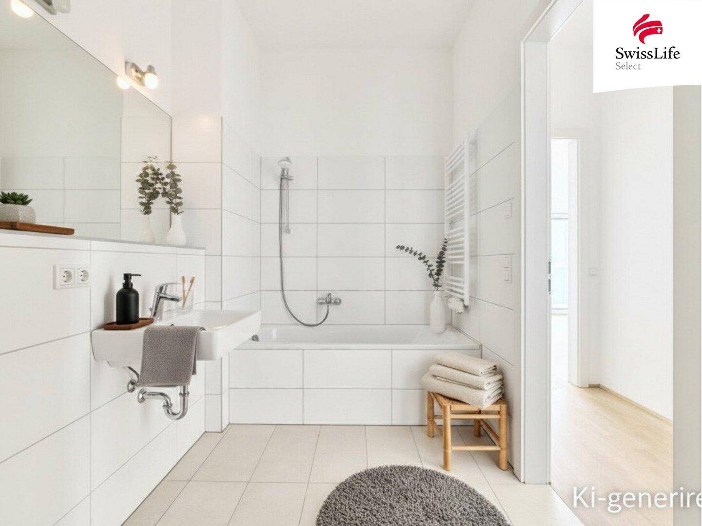 Modernes Badezimmer mit Badewanne, Dusche und weißen Fliesen.