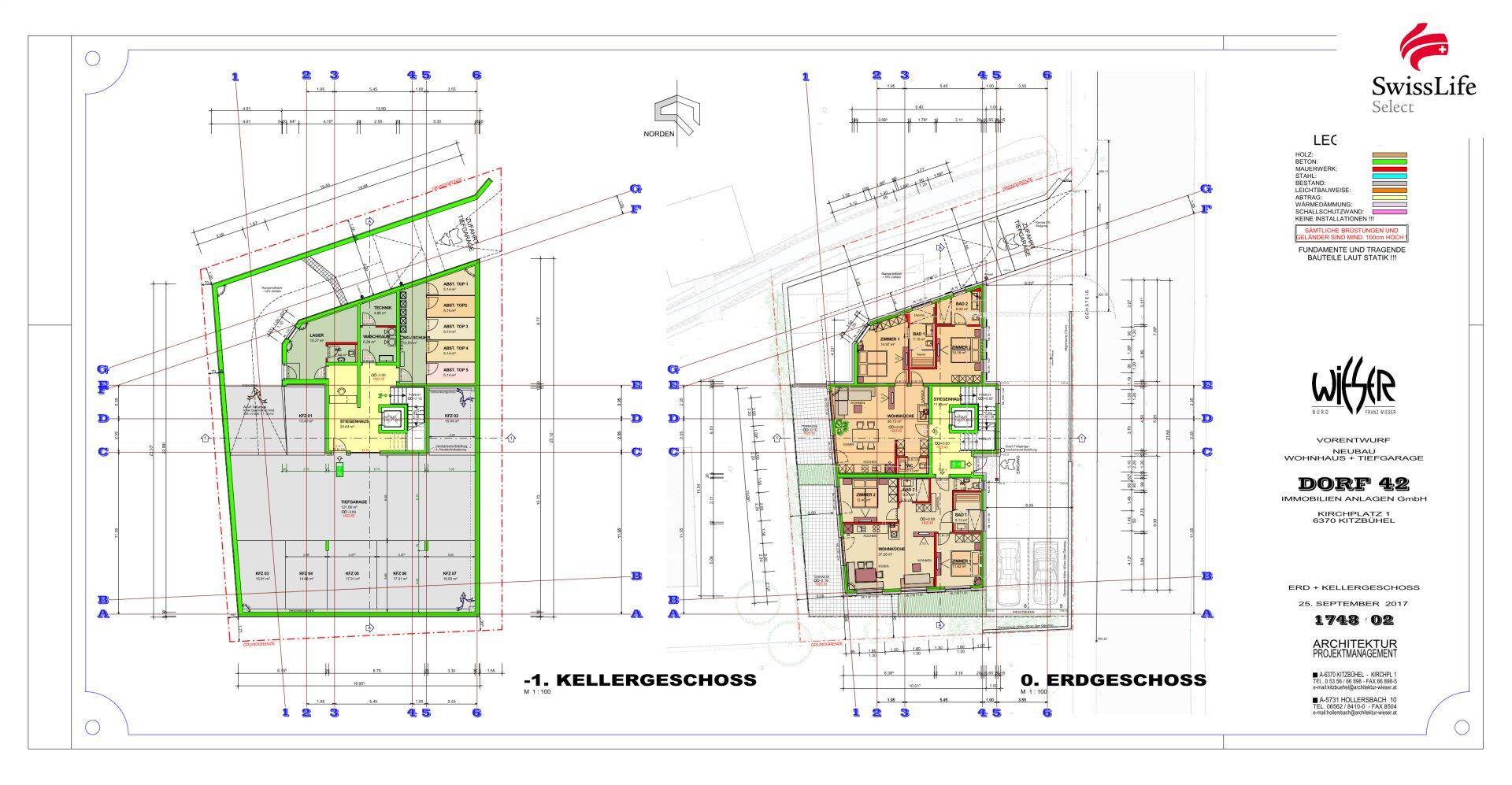 Grundrisse des Keller- und Erdgeschosses mit detaillierter Raumaufteilung und Maßen.