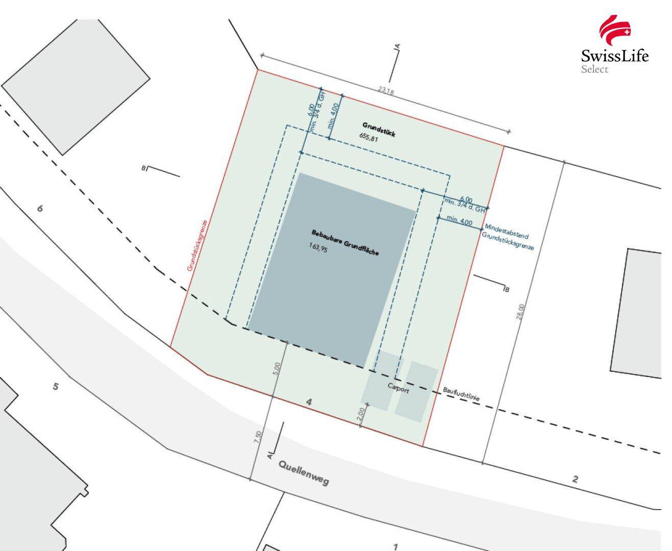 Grundstücksplan mit Bebauungsgrenzen, Carport und angrenzenden Wegen.