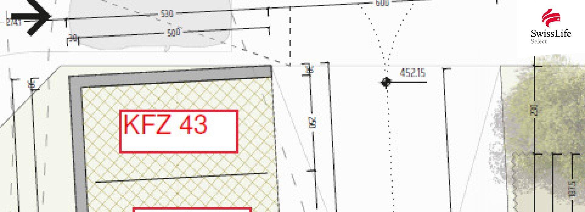 Ausschnitt eines Lageplans mit eingezeichneten Parkplätzen und Grundstücksgrenzen.