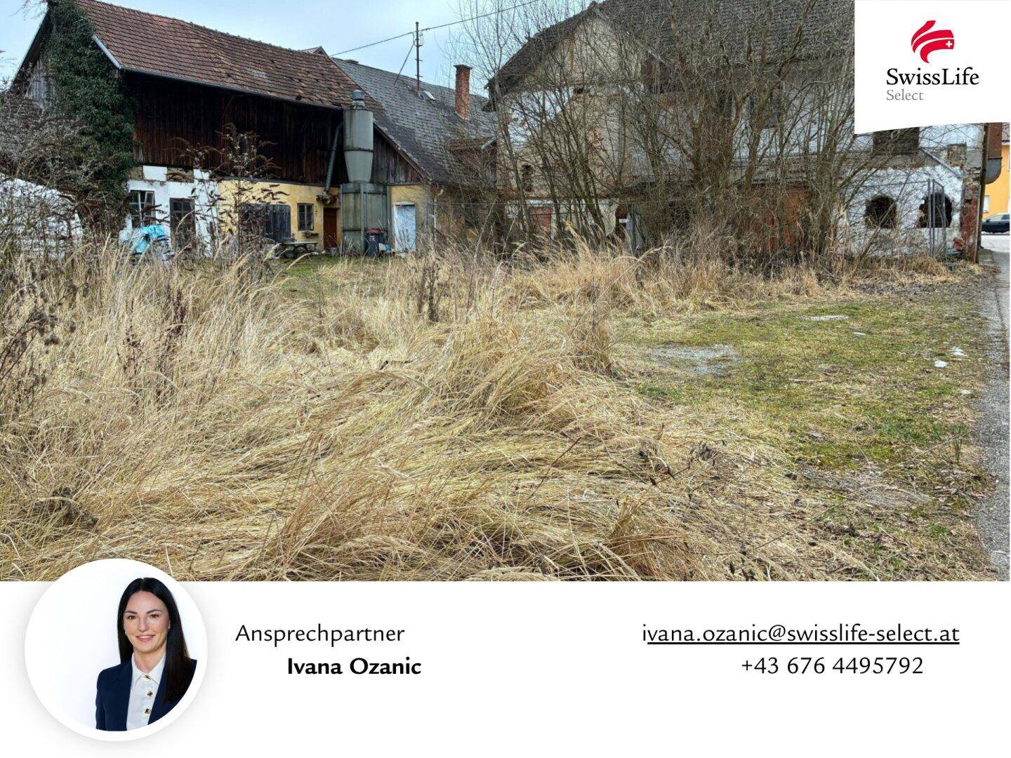 Blick auf das unbebaute Grundstück mit hohem Gras und umliegenden älteren Gebäuden.