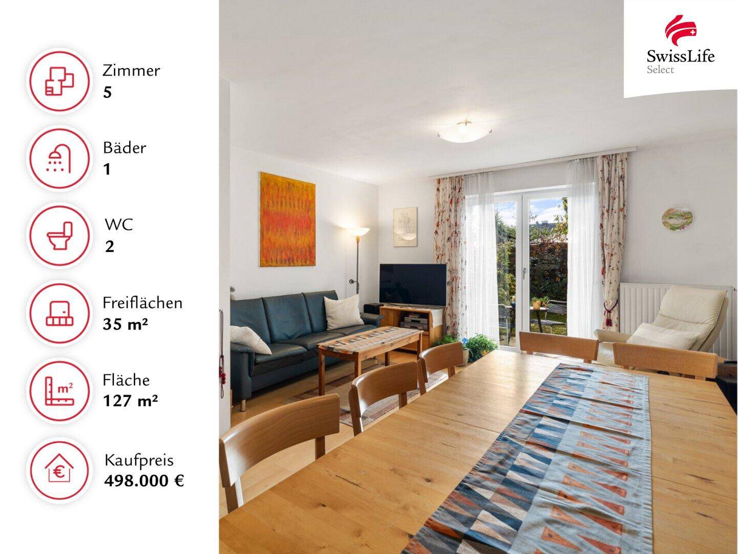 Heller Wohn- und Essbereich mit großem Esstisch und Zugang zum Garten.