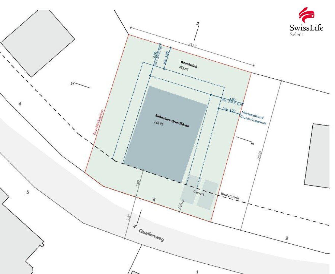 Grundstücksplan mit eingezeichneter bebaubarer Fläche, Abstandsflächen und einem Carport-Bereich.