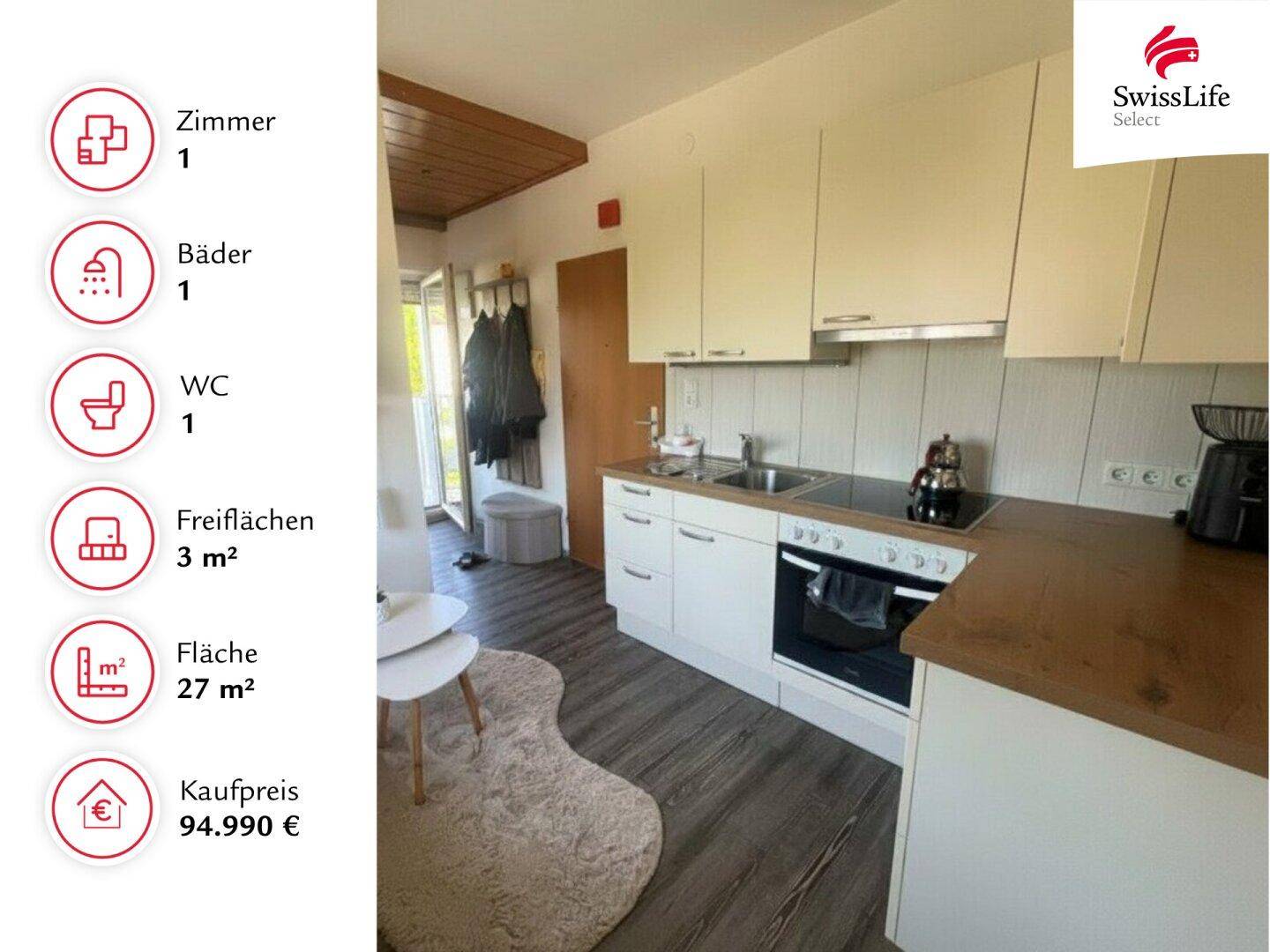 Funktionale Küchenzeile mit hellen Schränken und Holzdecke in einem kompakten Raum.