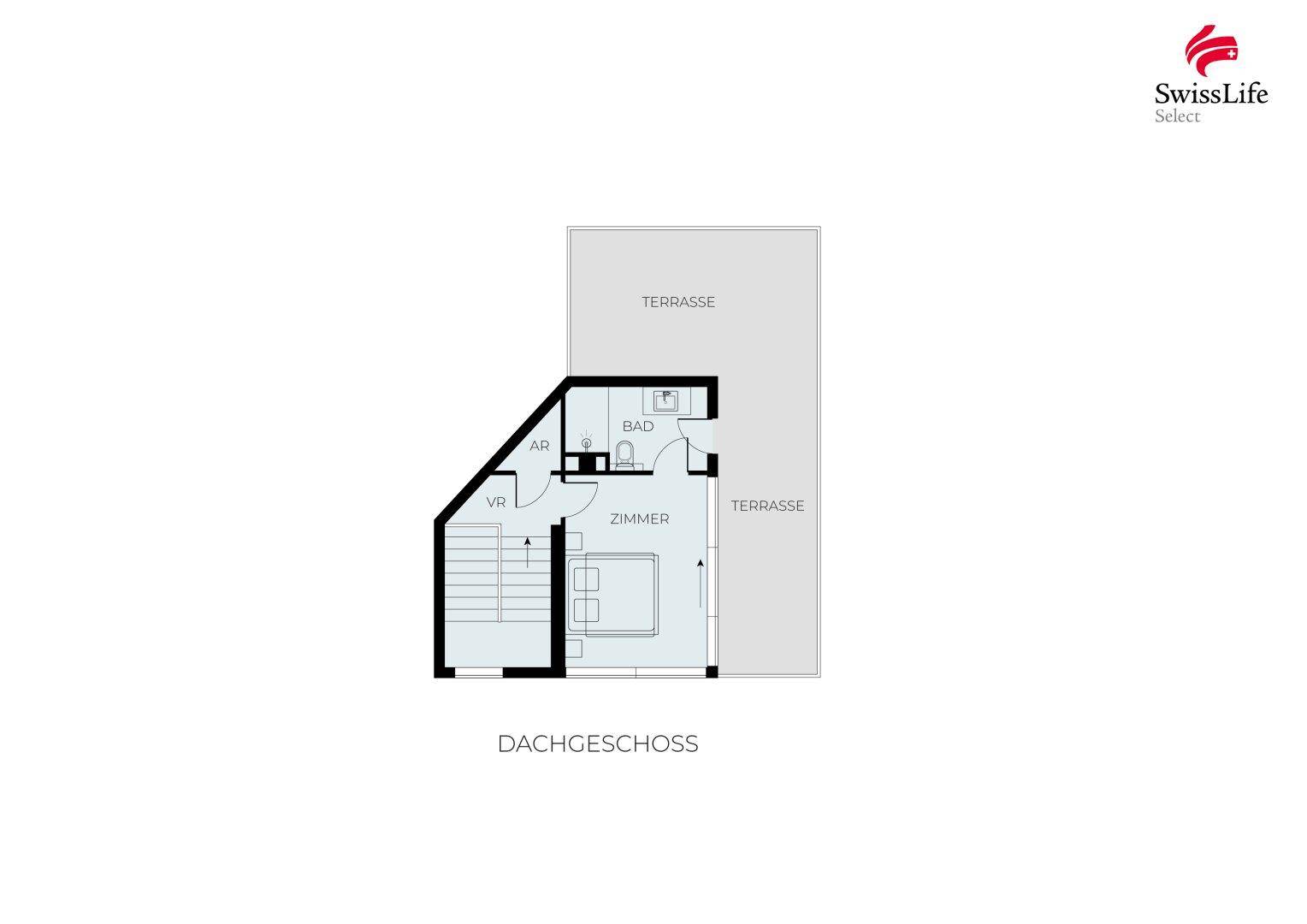 Grundriss des Dachgeschosses mit einem Zimmer, Bad und einer großzügigen Dachterrasse.