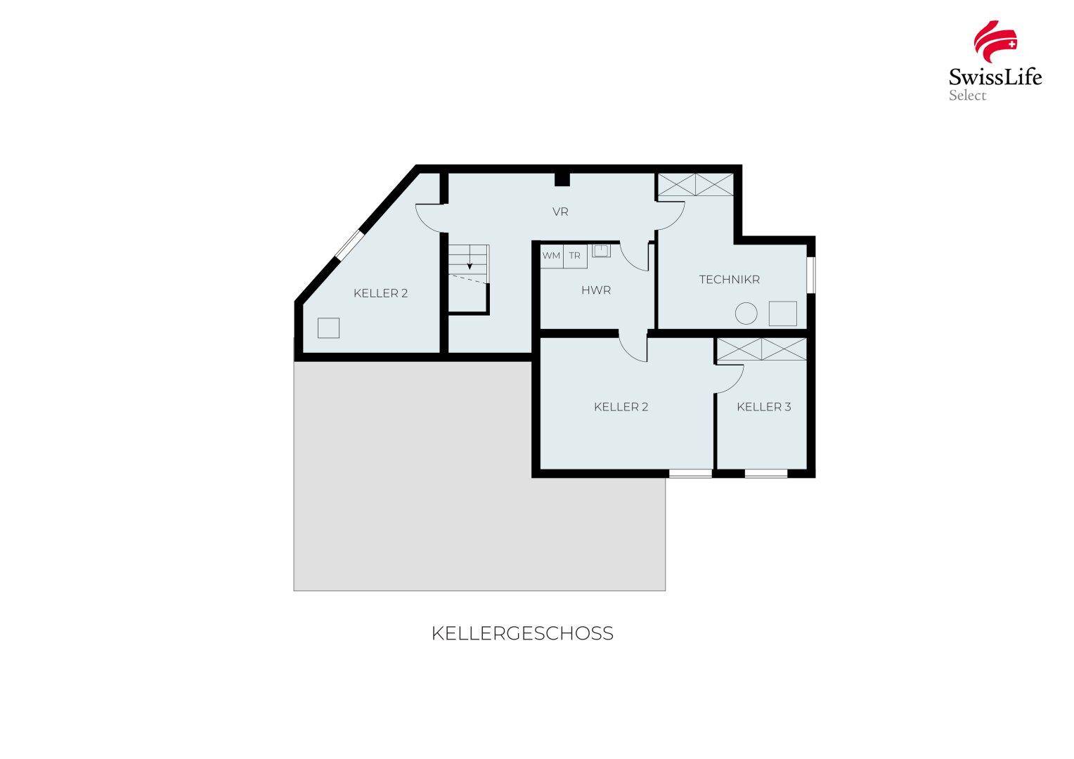 Grundriss des Kellergeschosses mit mehreren Kellerräumen, Technikraum und Hauswirtschaftsraum.