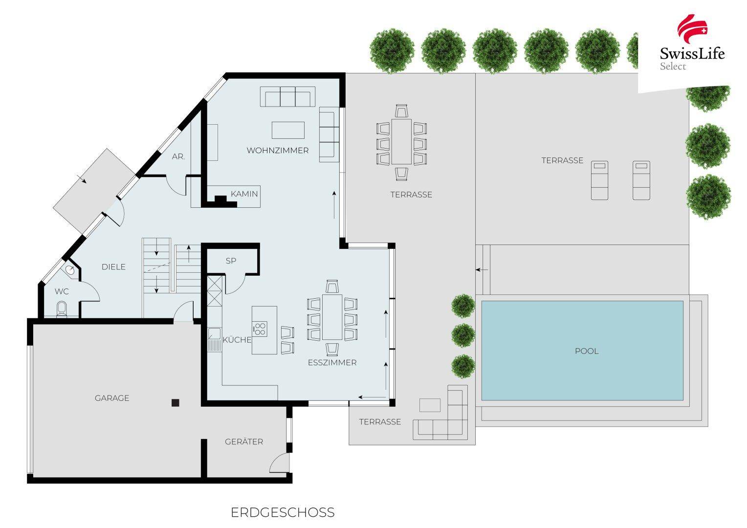 Grundriss des Erdgeschosses mit offenem Wohnbereich, Küche, Esszimmer, Garage, Pool und Terrassen.