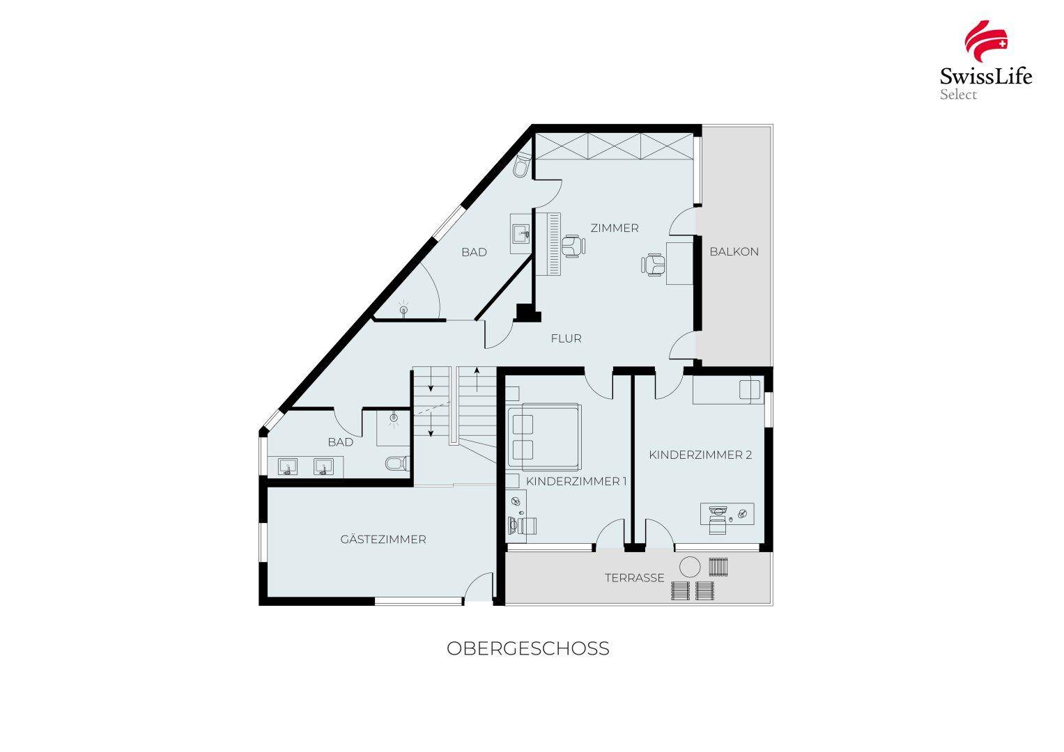 Grundriss des Obergeschosses mit mehreren Schlafzimmern, Bädern, einem Gästezimmer und Balkon.