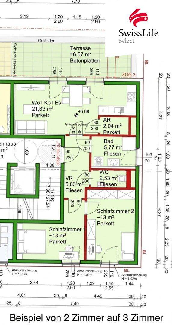 Flexibler Grundriss einer Wohnung, der die Umwandlung von zwei in drei Zimmer ermöglicht.