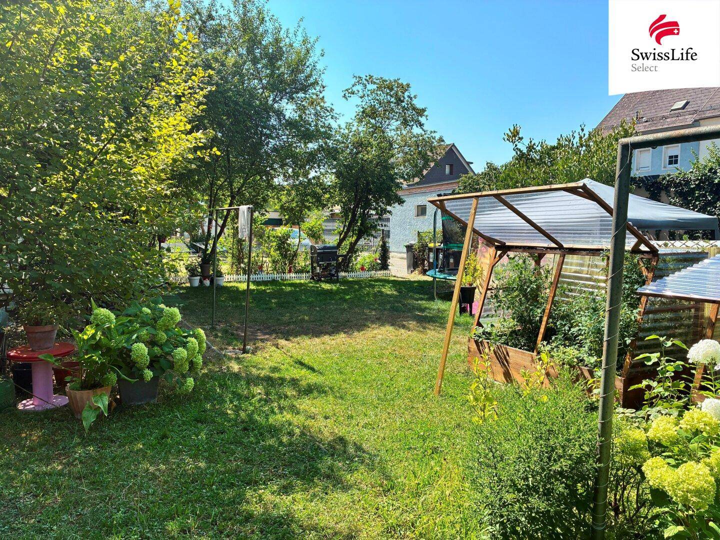 Weitläufiger Gartenbereich mit Rasen, Bäumen, Sträuchern und einem kleinen Gewächshaus im Sonnenlicht.
