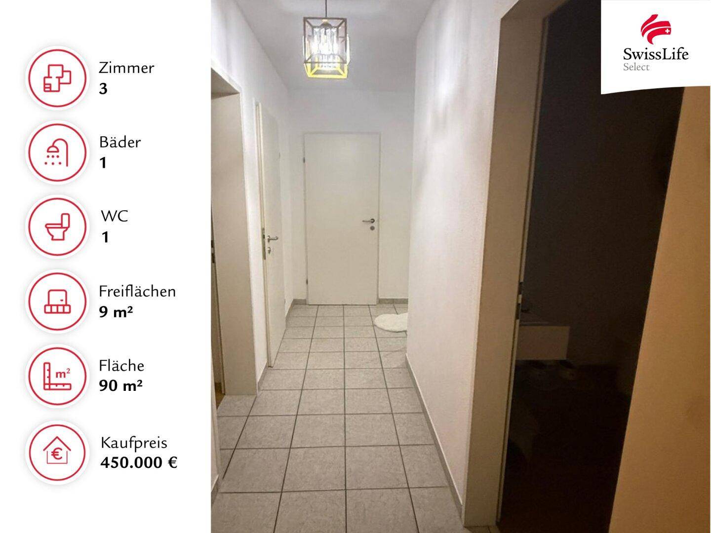 Heller Flur mit Fliesenboden und mehreren Türen, der die verschiedenen Räume der Wohnung verbindet.
