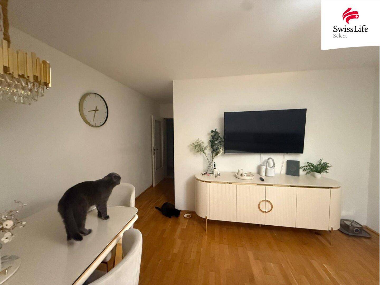 Gemütlicher Wohnbereich mit Fernseher, modernem Sideboard und hellem Parkettboden, perfekt zum Entspannen.