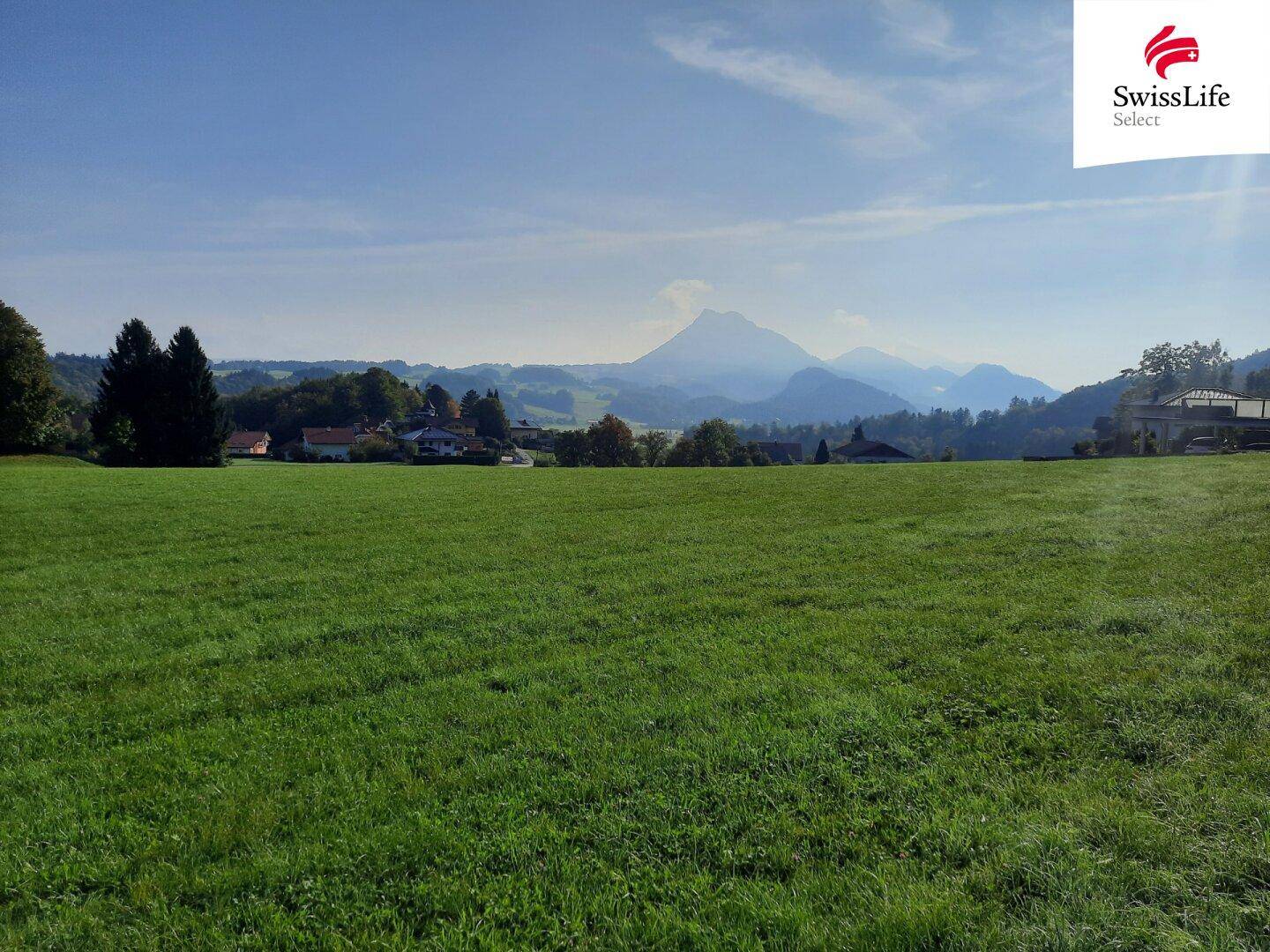 Idyllisches grünes Feld unter blauem Himmel mit weitem Blick auf die Berglandschaft.