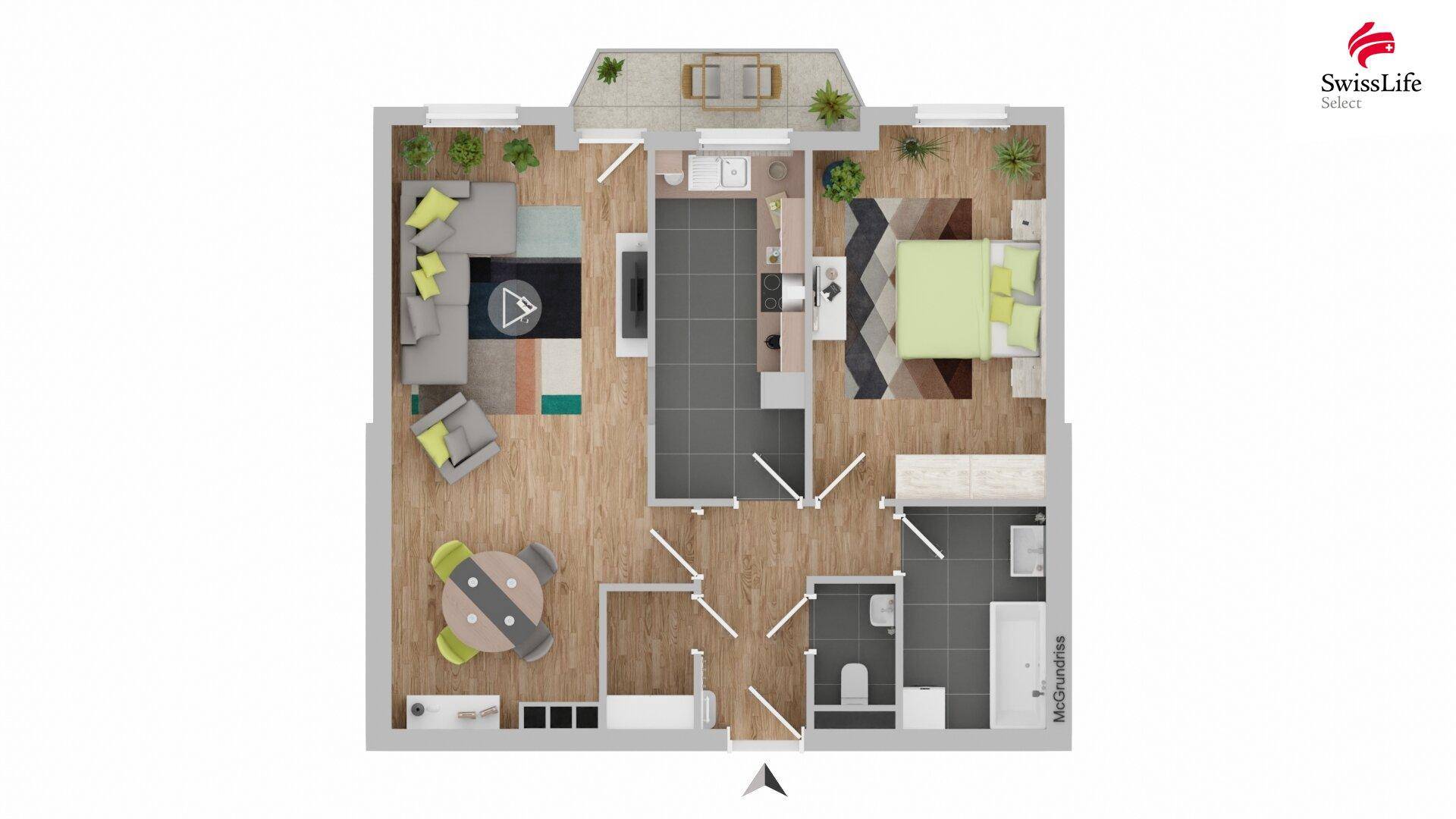 Detaillierter Grundriss der Wohnung mit Möblierung und Raumaufteilung.